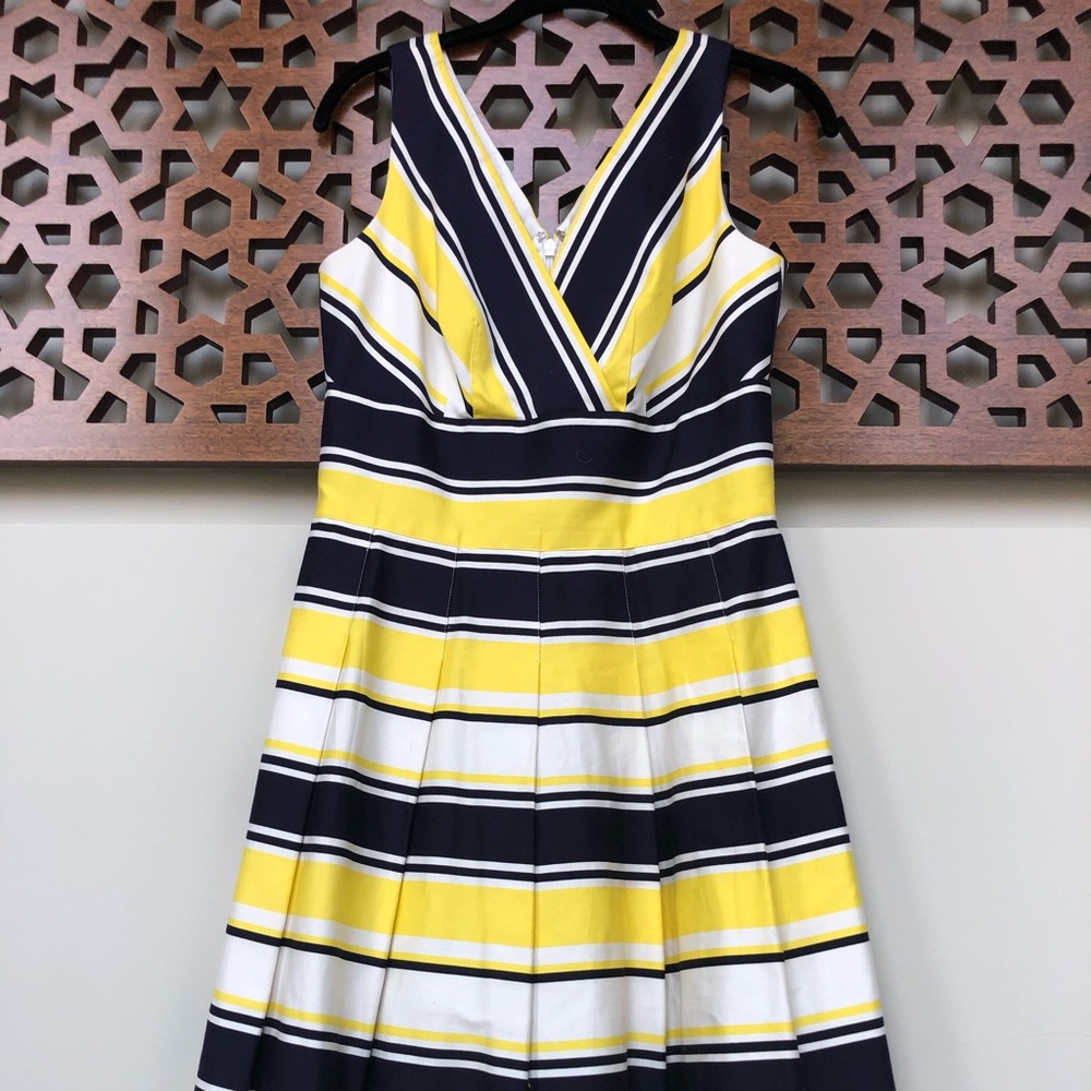 Kay Unger Blue and Yellow Striped V-Neck Dress